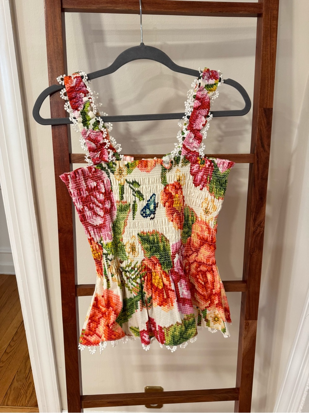 FARM Rio Cream Floral Smocked Tank with Pink & Green Accents